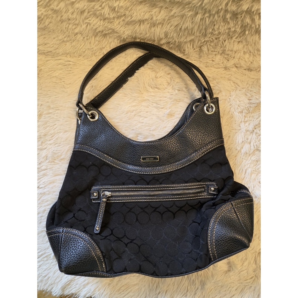Nine West Black Satchel Handbag Purse Bag Shoulder Bag Silver Hardware Mid Size